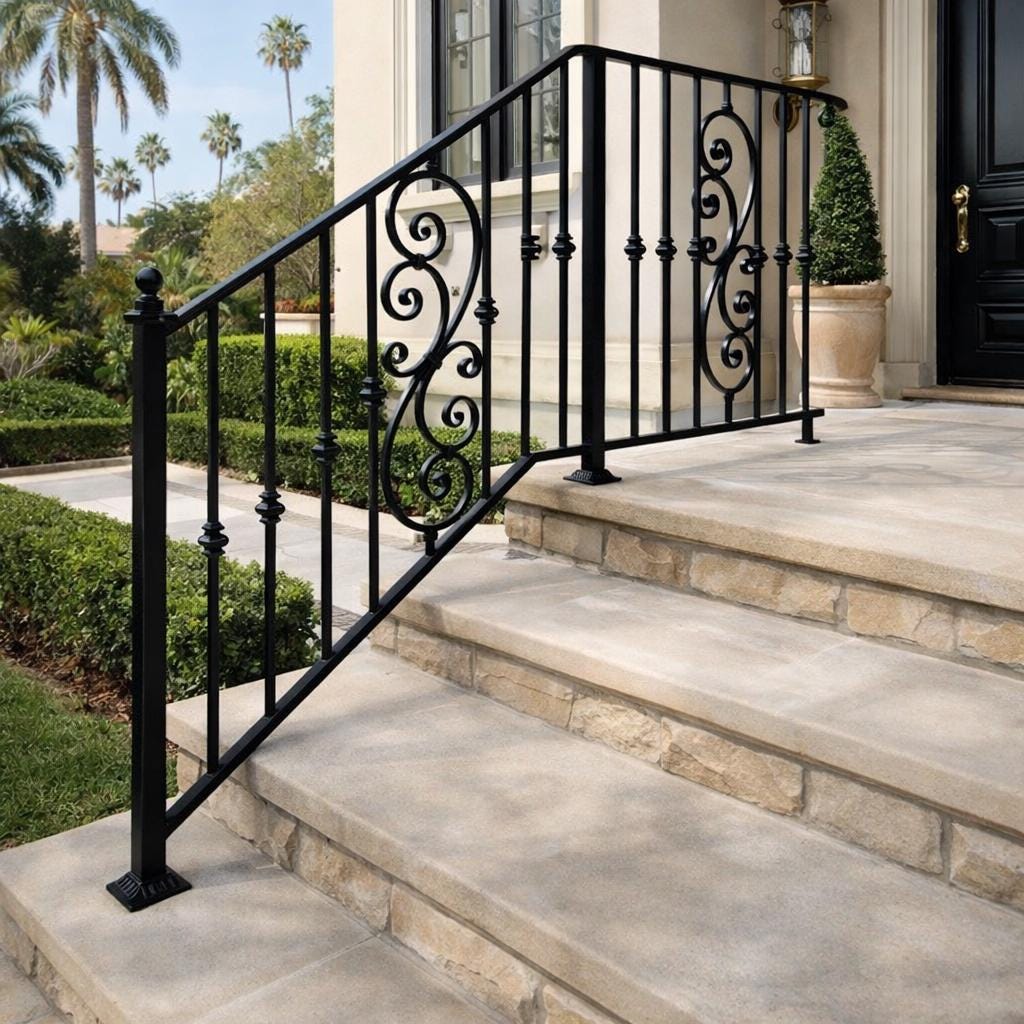 Valencia Scroll Stair Railing, Custom Wrought Iron Handrail, Decorative Porch Rail, Metal Entry Railing, Outdoor Step Handrail