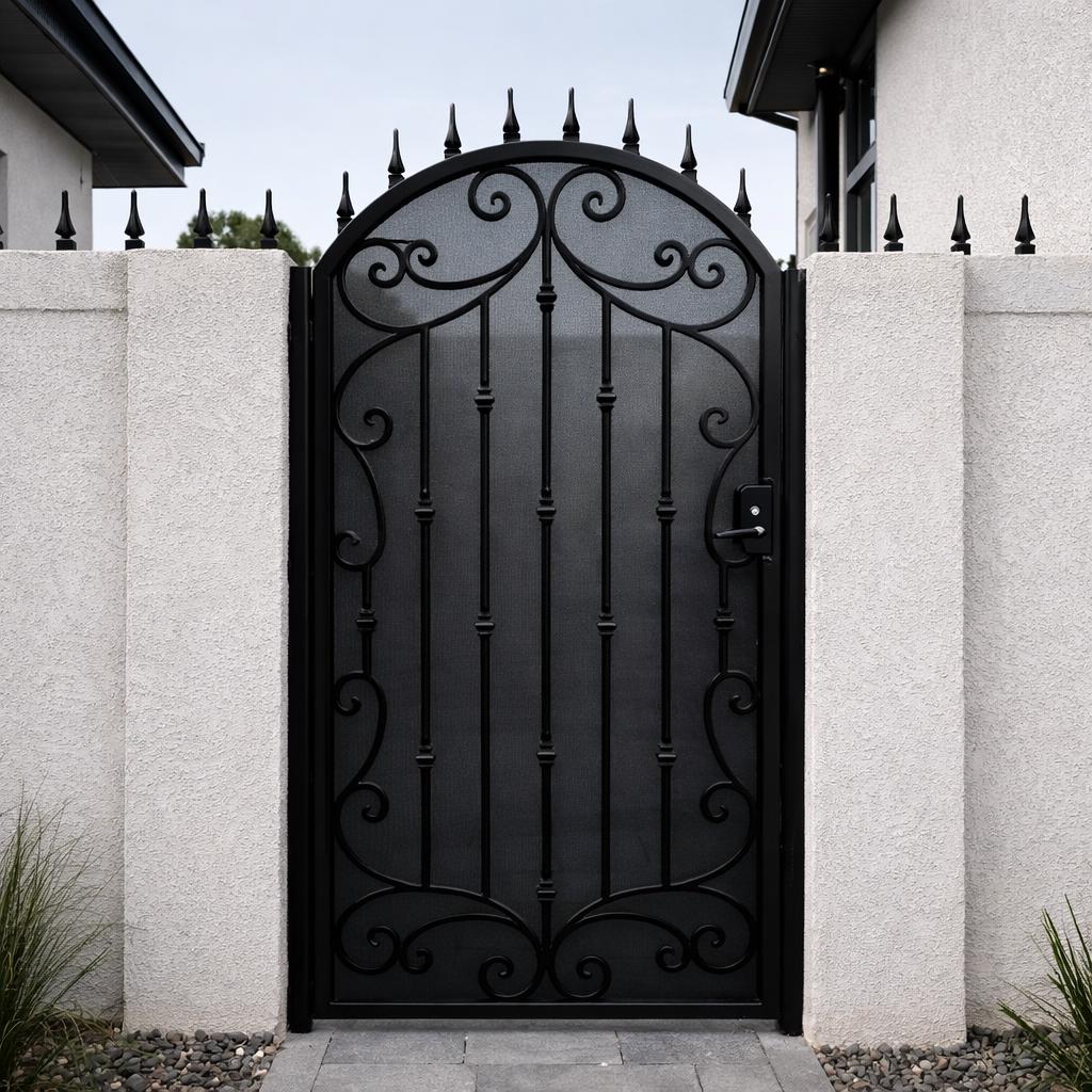 Ravencrest Arched Iron Garden Gate – Decorative Black Steel Entry Gate With Privacy Panel