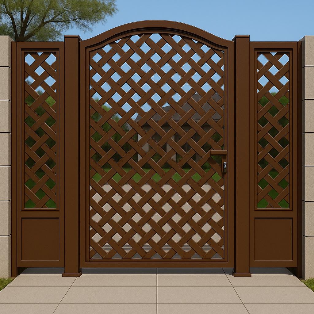 Arched Woven Steel Privacy Gate with Side Panels | Modern Iron Garden Door