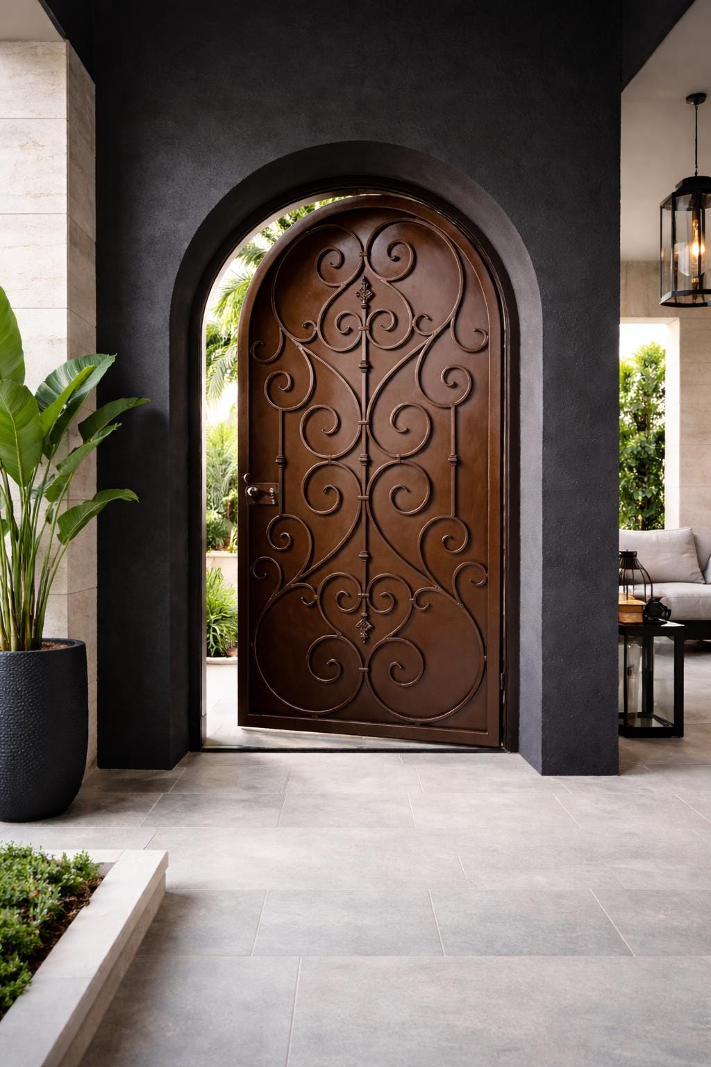 Decorative Arched Iron Entry Door – Wrought Steel Security Gate with Scroll Design