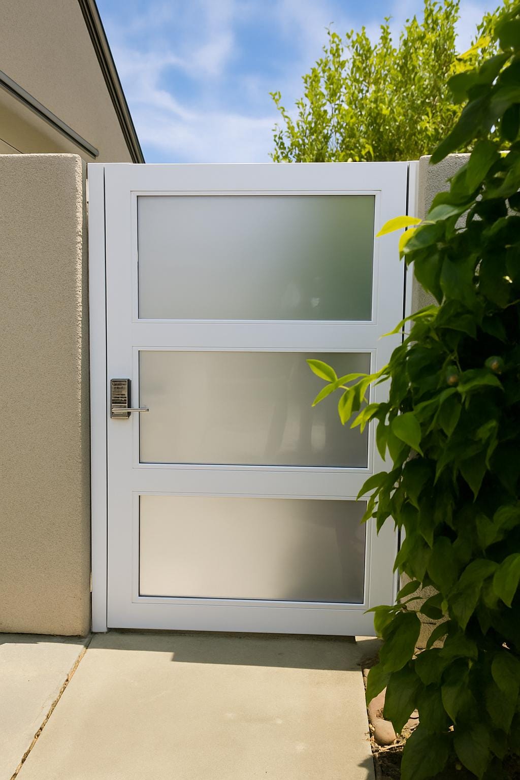 Modern Frosted Glass Privacy Gate: Brown Steel Frame Side Yard Door