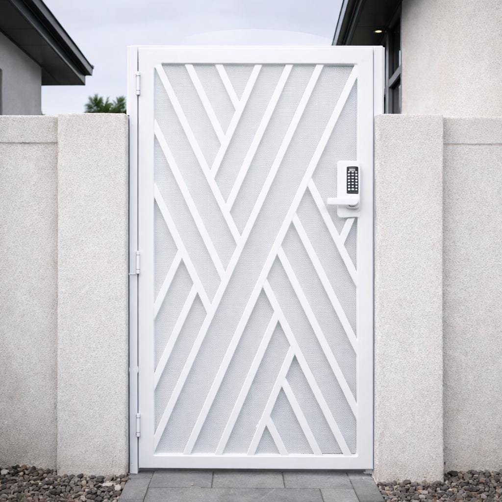 Modern White Steel Geometric Gate, Contemporary Walkway Security Entry Courtyard Door