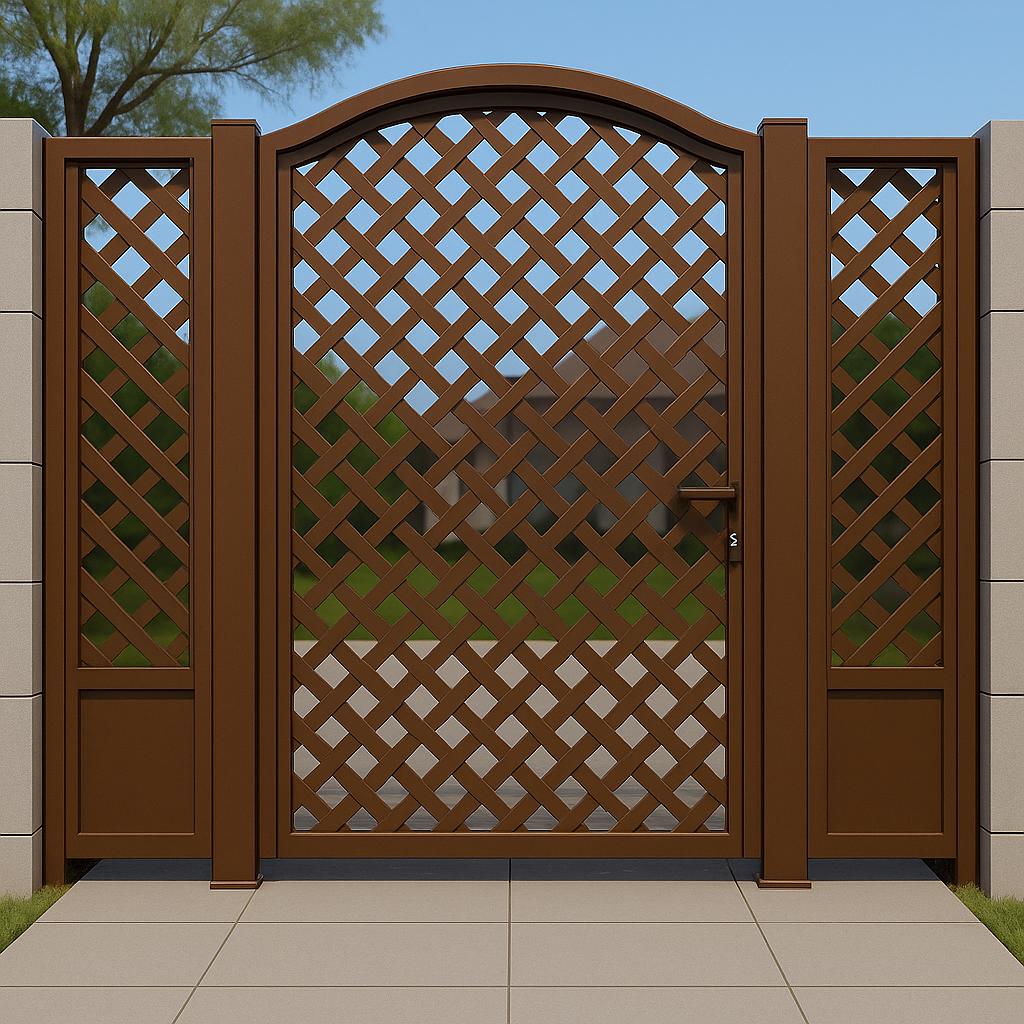 Arched Woven Steel Privacy Gate with Side Panels | Modern Iron Garden Door