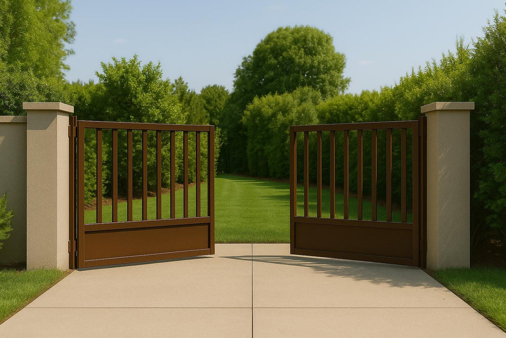 Modern Brown Steel Driveway Gate | Custom Vertical Bar Swing Gate