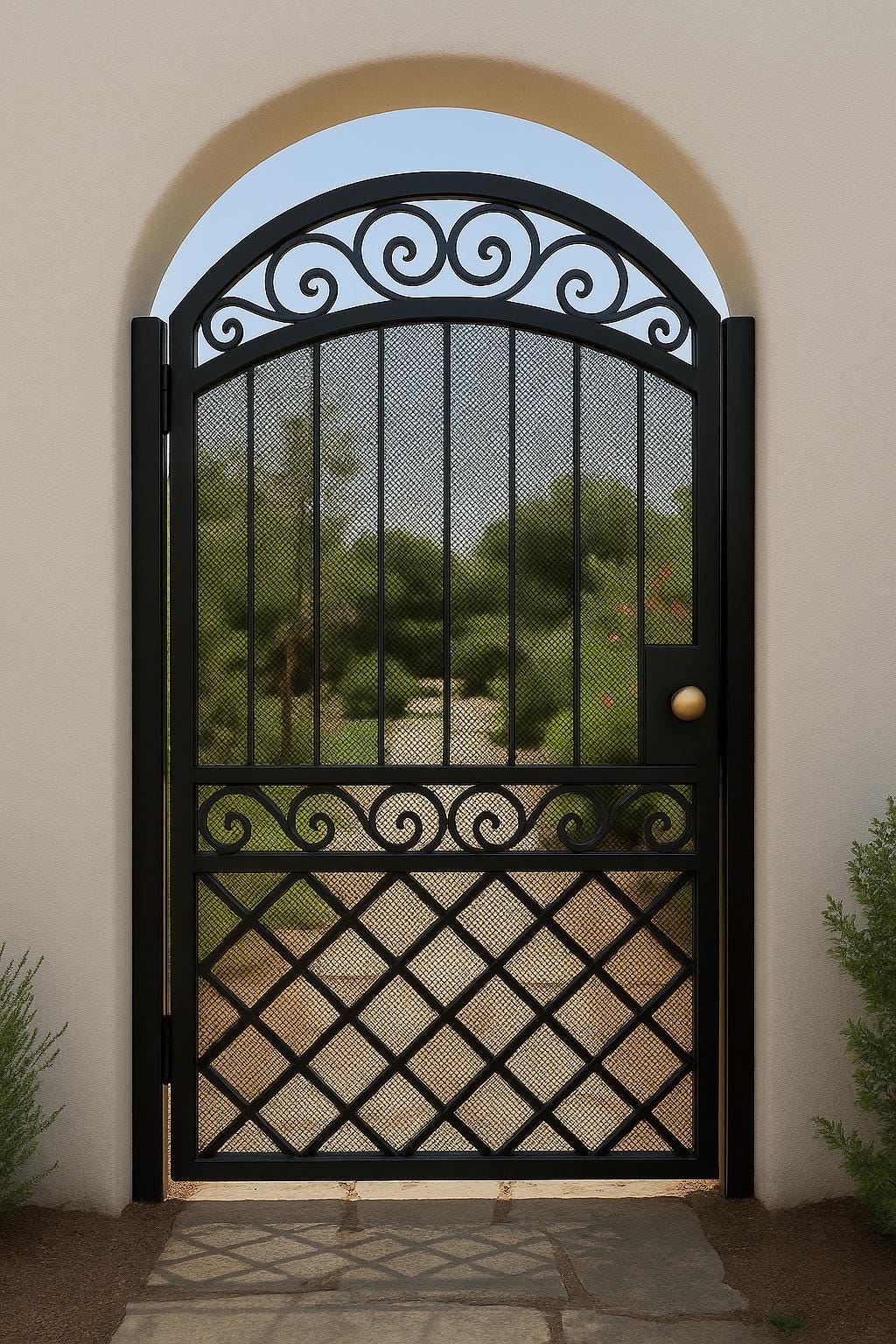 Arched Wrought Iron Garden Gate with X Design | Handmade Steel Privacy Gate