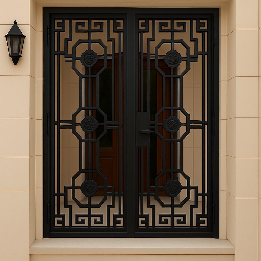 Custom Wrought Iron Double Security Door: Greek Key Floral Design