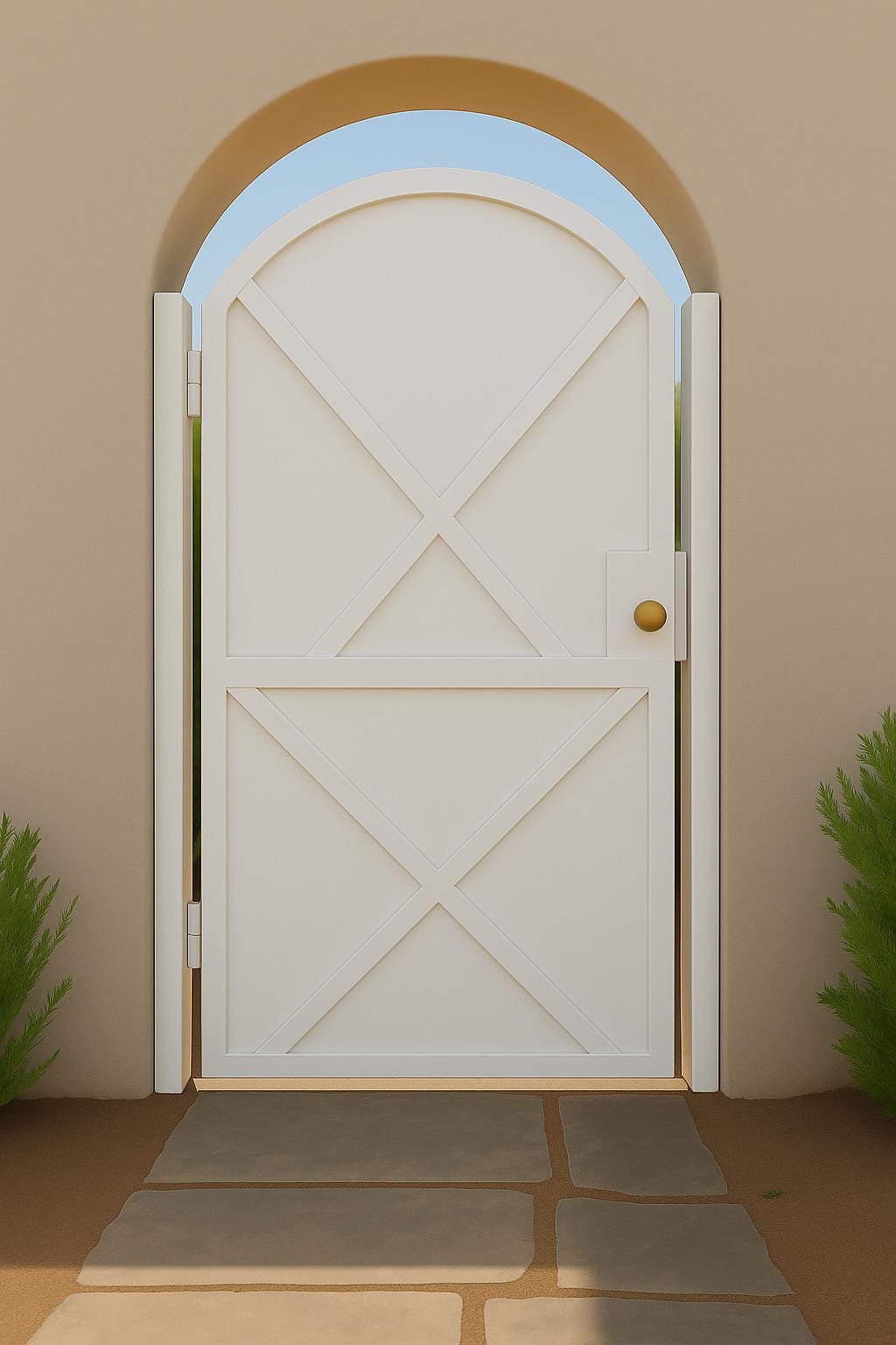 Modern Arched Iron Gate with Sheet Metal X-Panel – Custom Steel Privacy Entry
