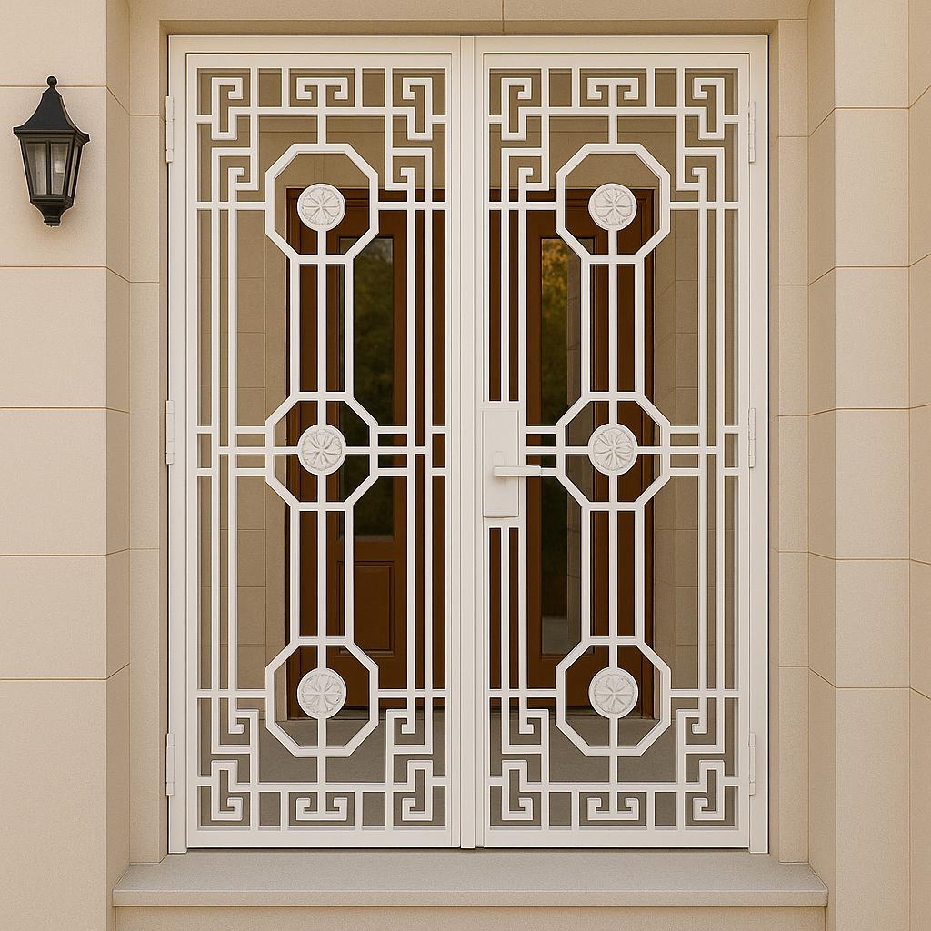 Custom Wrought Iron Double Security Door: Greek Key Floral Design