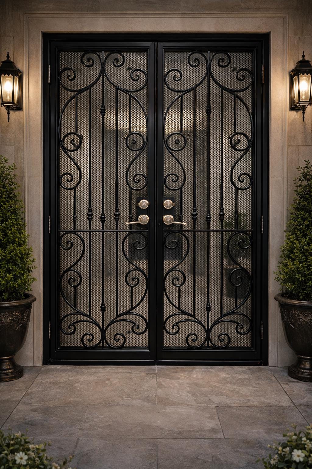 Monaco White Scroll Door | Double Security Door | Wrought Iron Entry Door | Decorative Steel Front Door | Luxury Exterior Door