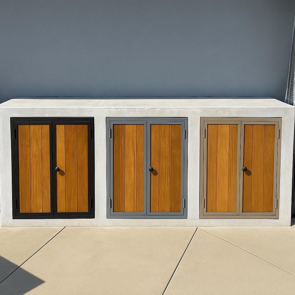 Steel Frame Outdoor Kitchen Cabinet Doors – Wood Inlay, Weatherproof BBQ Island Access