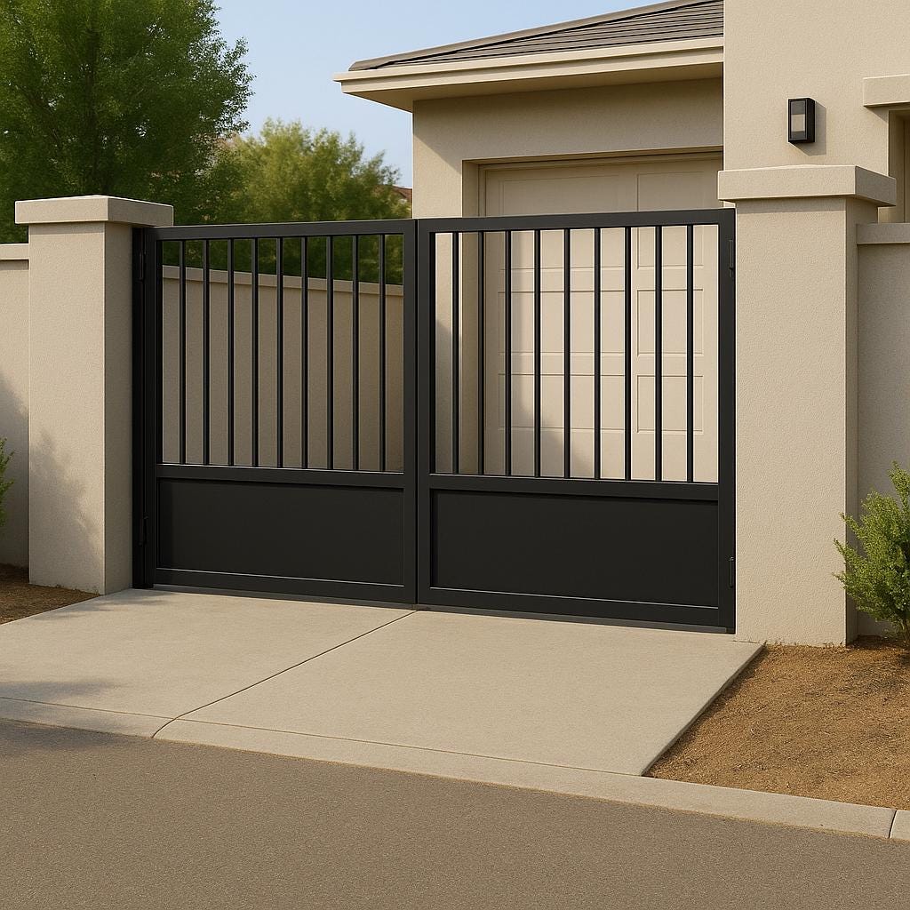 Modern Brown Steel Driveway Gate | Custom Vertical Bar Swing Gate