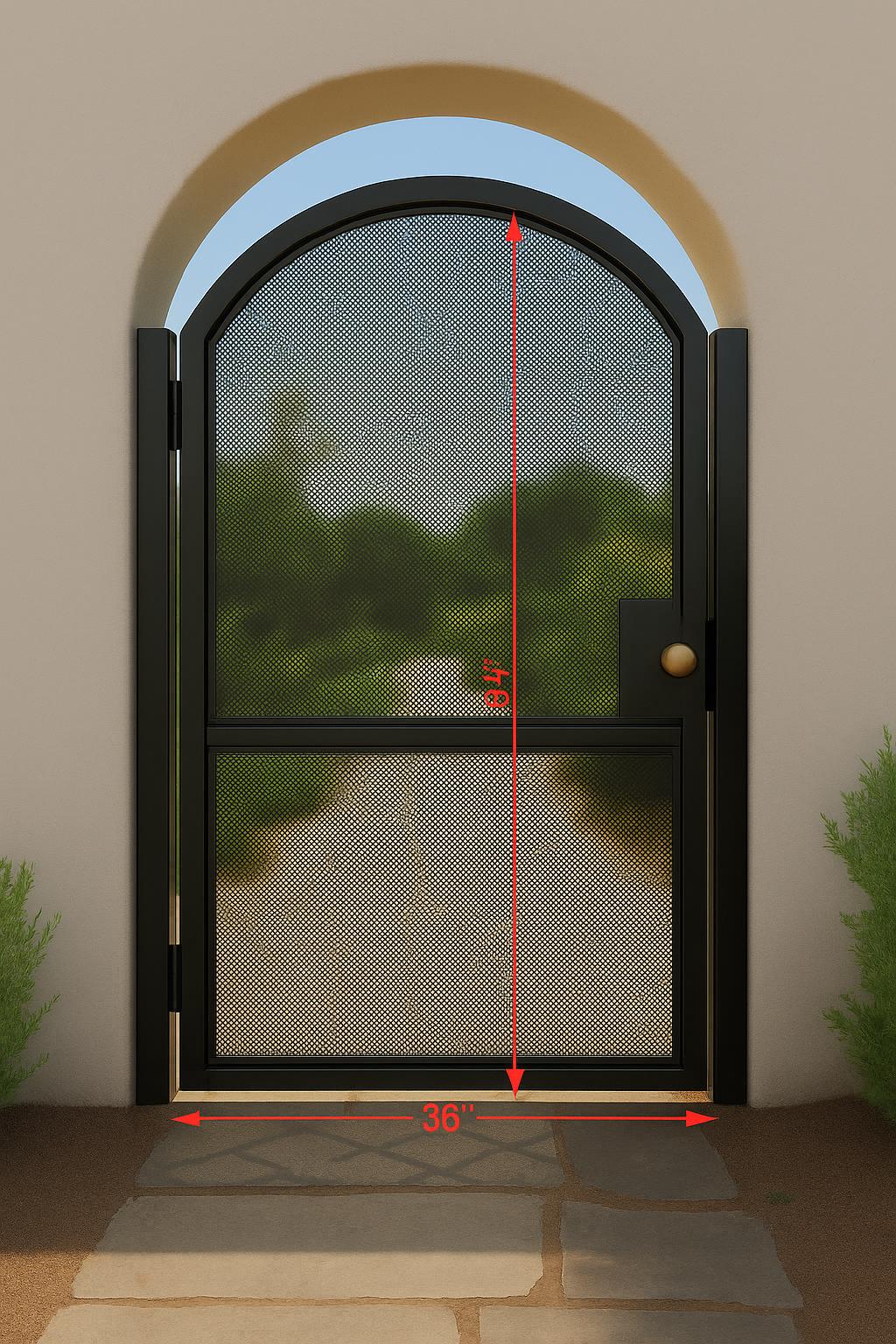 Modern Arched Wrought Iron Gate with Perforated Privacy Mesh – Custom Outdoor Entry Gate