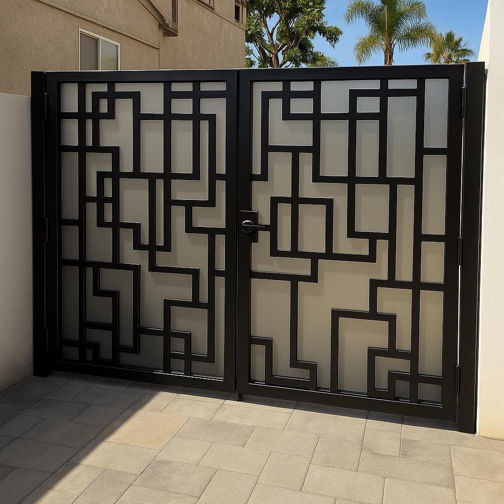 Custom Modern Double Gate: Powder Coated Iron & Frosted Glass