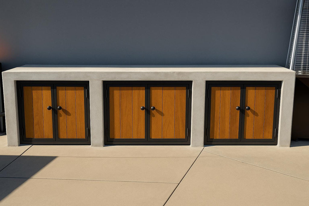 Steel Frame Outdoor Kitchen Cabinet Doors – Wood Inlay, Weatherproof BBQ Island Access