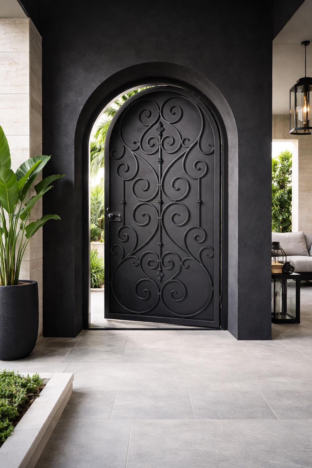 Decorative Arched Iron Entry Door – Wrought Steel Security Gate with Scroll Design