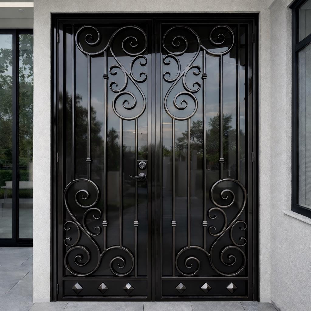 Valencrest Double Iron Entry Door, Decorative Scroll Steel Security Gate