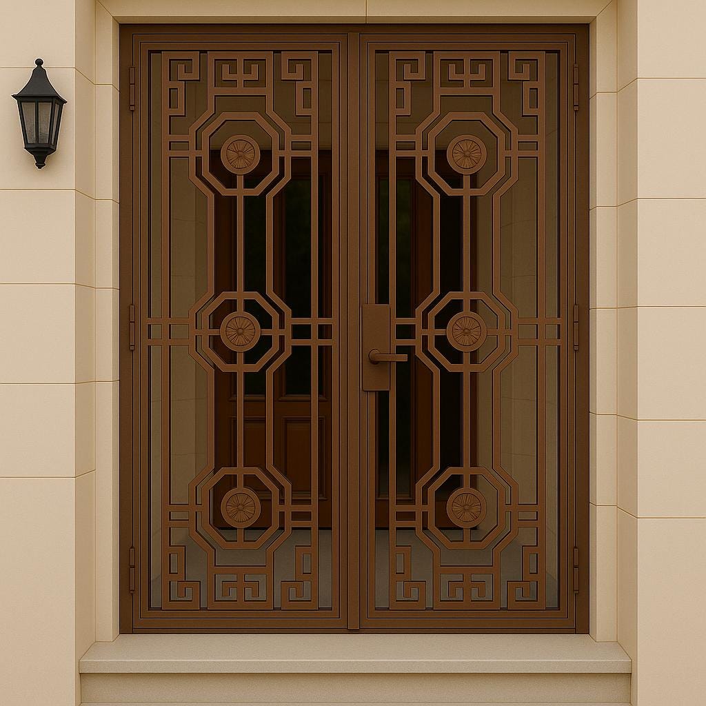Custom Wrought Iron Double Security Door: Greek Key Floral Design