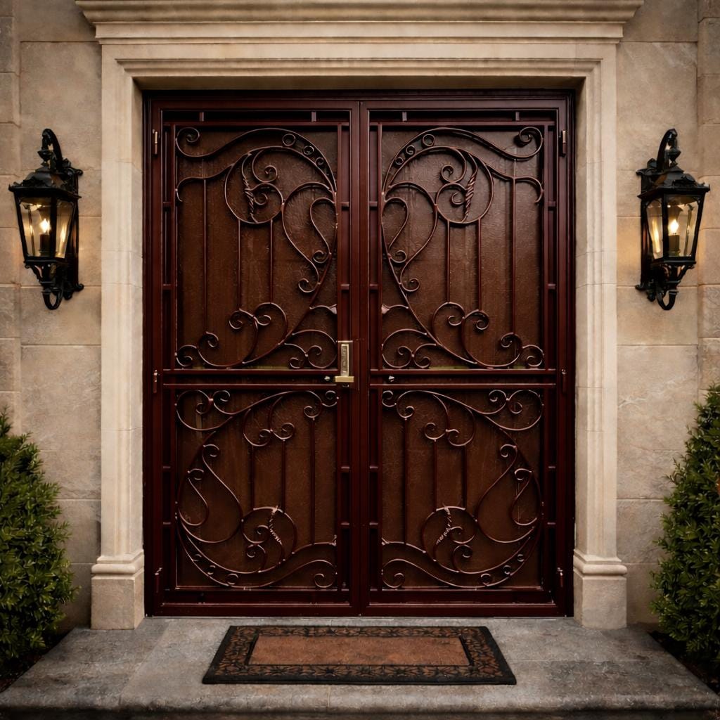 Valencia Scroll Steel Door | Double Security Door | Custom Wrought Iron Entry Door | Luxury Front Entry Door | Decorative Iron Door