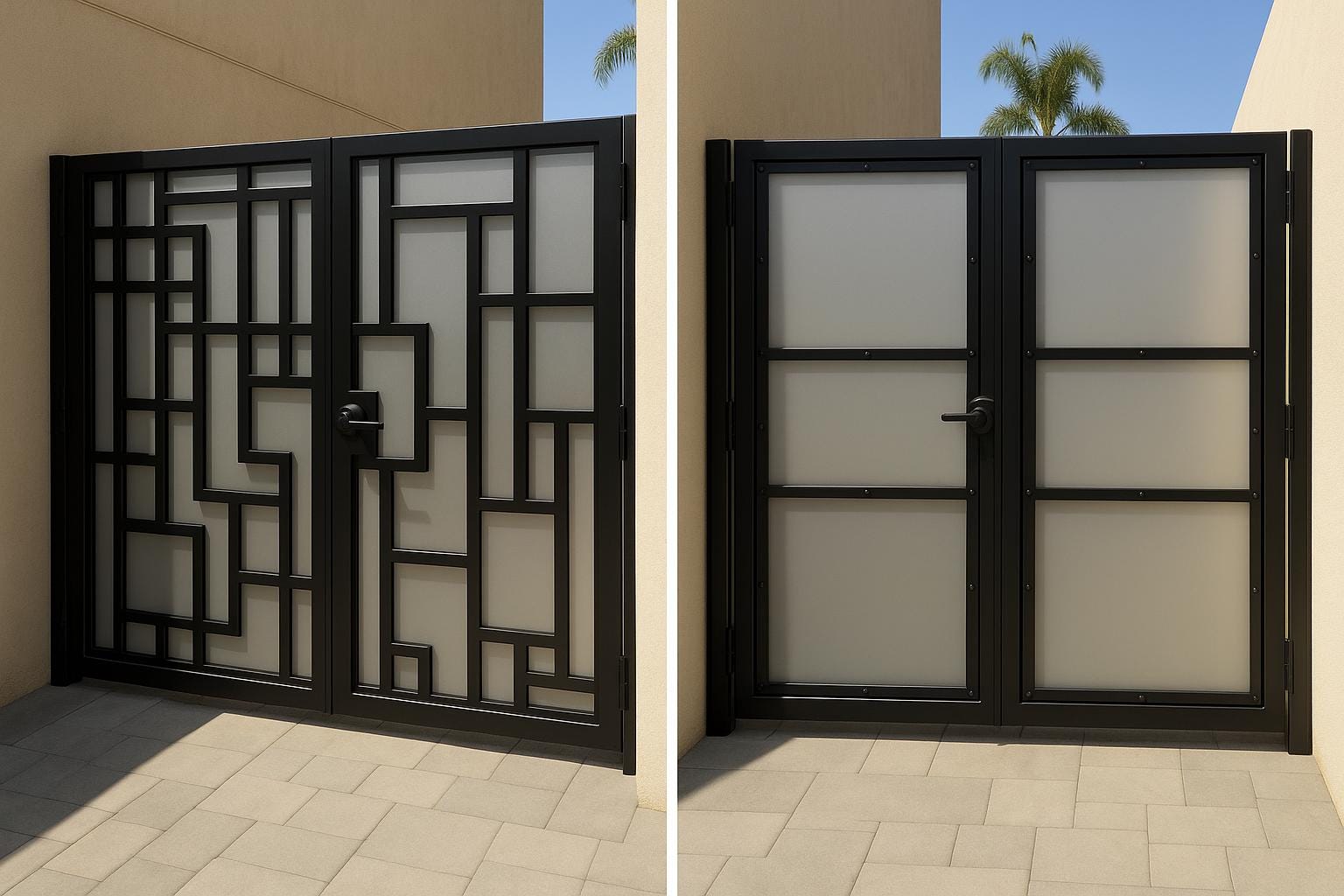 Custom Modern Double Gate: Powder Coated Iron & Frosted Glass