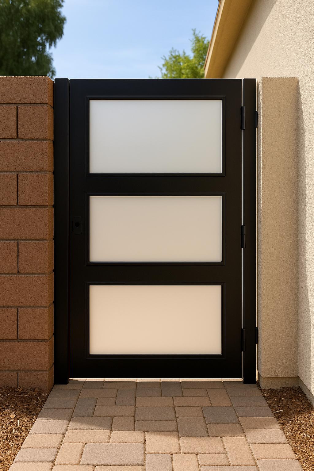 Modern Frosted Glass Privacy Gate: Brown Steel Frame Side Yard Door