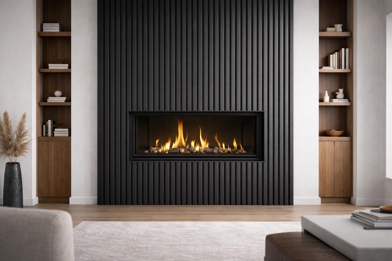 Modern Steel Fireplace Wall – Custom Metal Fireplace Surround, Vertical Slat Feature Wall, Contemporary Steel Fireplace Mantel