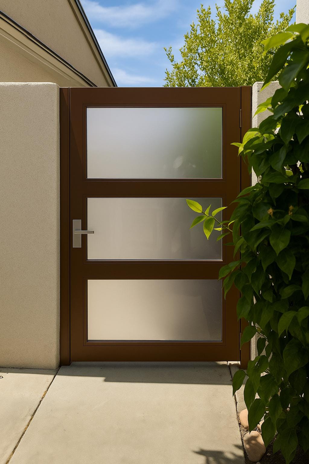 Modern Frosted Glass Privacy Gate: Brown Steel Frame Side Yard Door