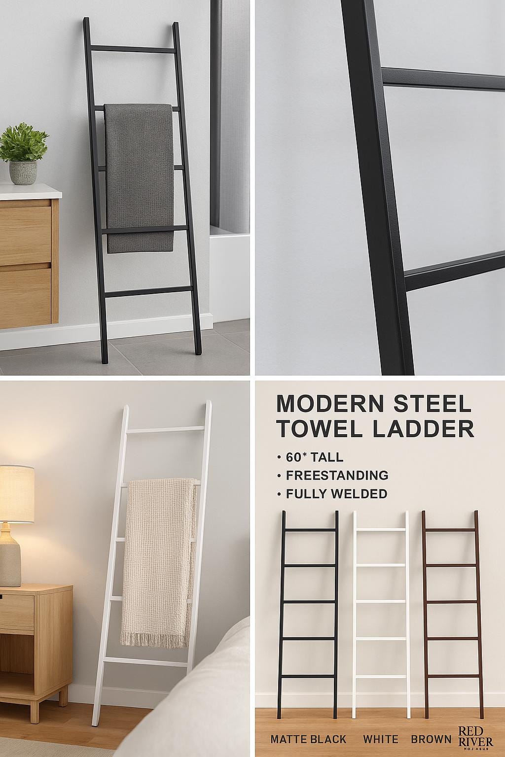 Modern Steel Towel Ladder: Freestanding Blanket Rack - Matte Black, White, Brown