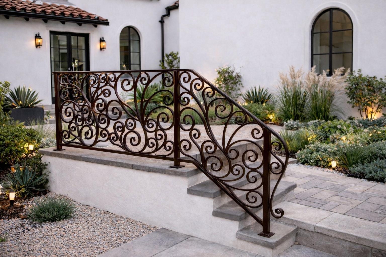 Riviera Scroll Garden Handrail, Custom Wrought Iron Stair Railing, Decorative Metal Porch Rail, Luxury Entry Handrail