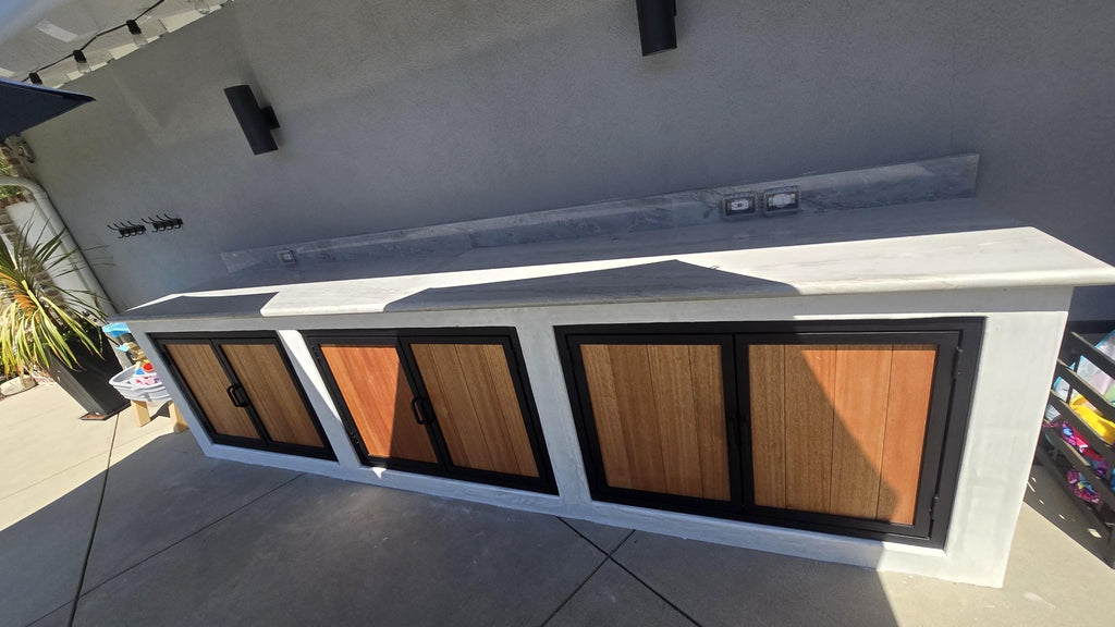 Steel Frame Outdoor Kitchen Cabinet Doors – Wood Inlay, Weatherproof BBQ Island Access