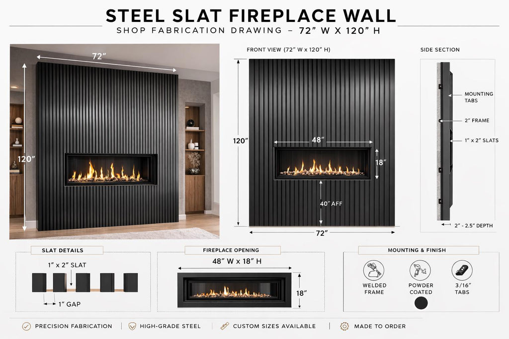 Modern Steel Fireplace Wall – Custom Metal Fireplace Surround, Vertical Slat Feature Wall, Contemporary Steel Fireplace Mantel