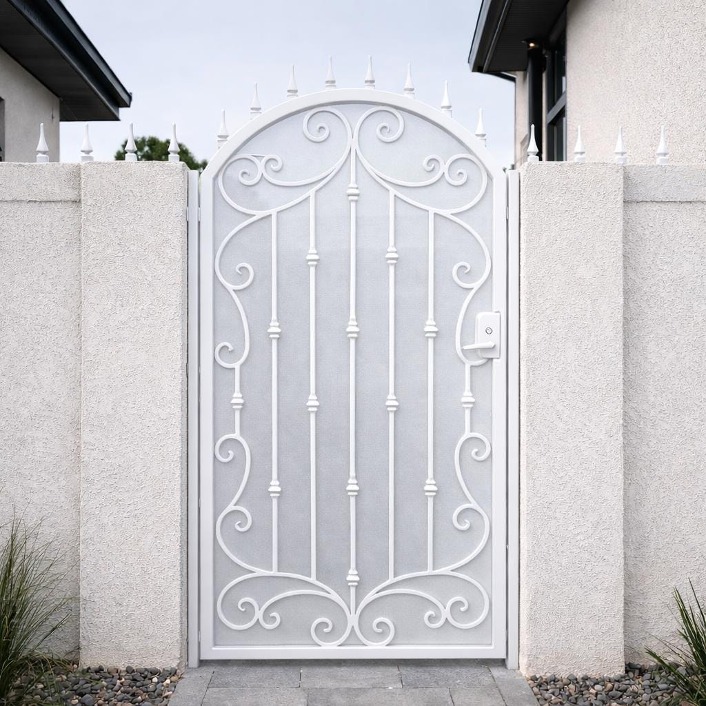 Ravencrest Arched Iron Garden Gate – Decorative Black Steel Entry Gate With Privacy Panel