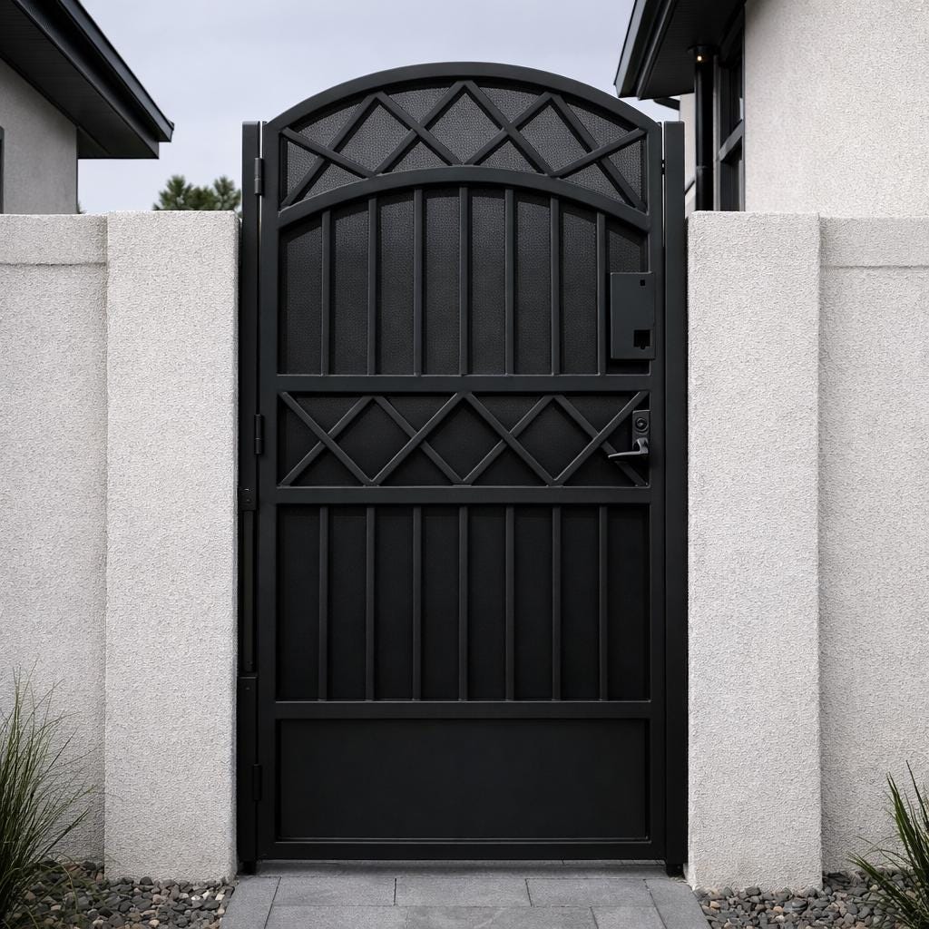 Shadowcrest Arched Steel Security Gate – Modern Black Metal Garden Entry Fence (Privacy Panel)