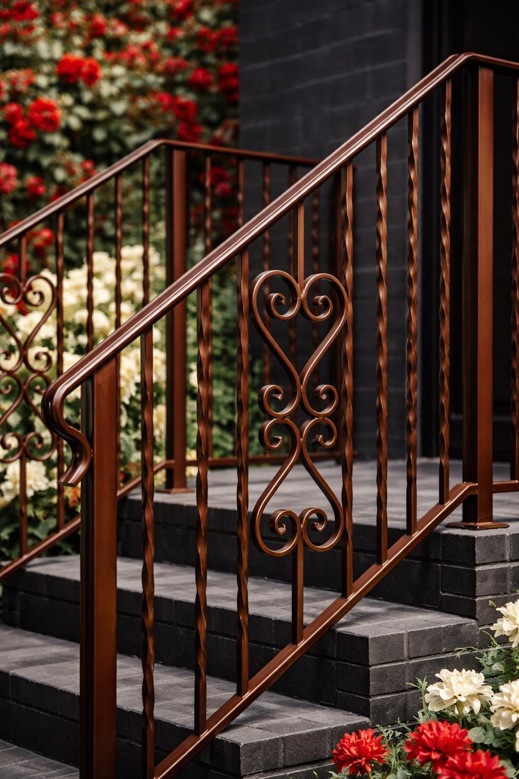 Roseheart Twist Stair Handrail, Custom Wrought Iron Railing, Decorative Outdoor Stair Rail, Entry Porch Safety Handrail, Metal Step Railing