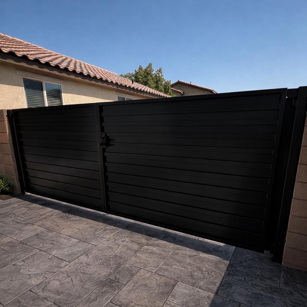 Modern Steel Driveway Gate – Horizontal Privacy Gate, Custom Iron Entry Gate, Contemporary Bi-Fold Metal Door