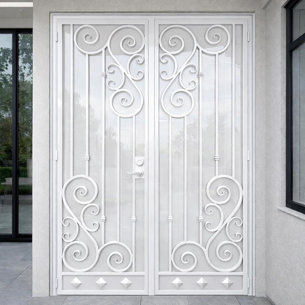 Valencrest Double Iron Entry Door, Decorative Scroll Steel Security Gate