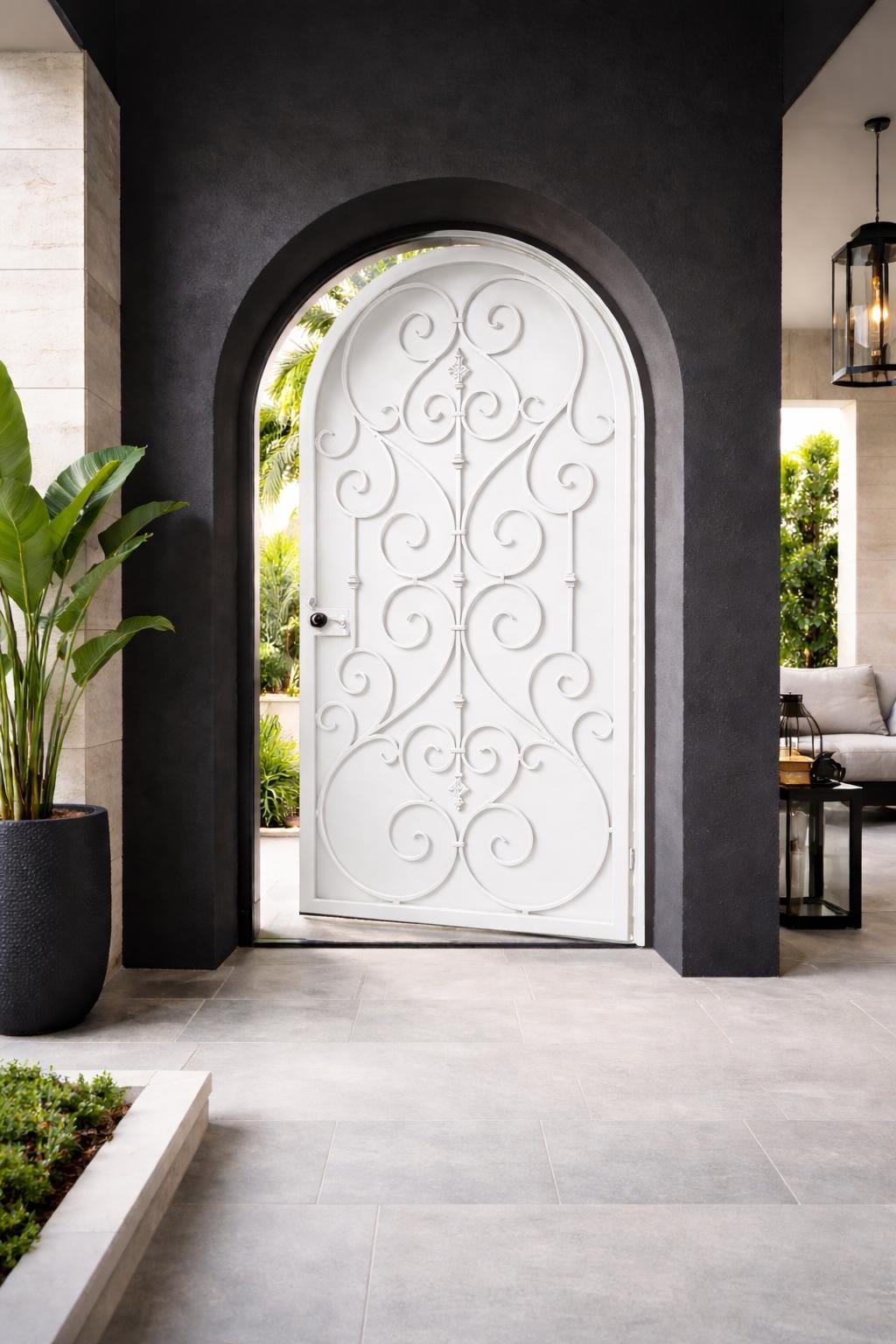 Decorative Arched Iron Entry Door – Wrought Steel Security Gate with Scroll Design