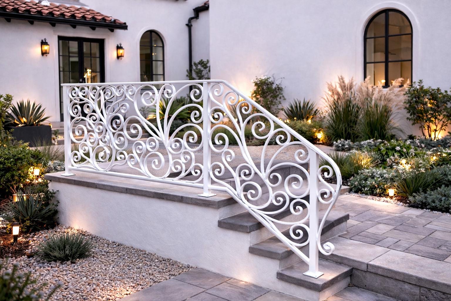 Riviera Scroll Garden Handrail, Custom Wrought Iron Stair Railing, Decorative Metal Porch Rail, Luxury Entry Handrail