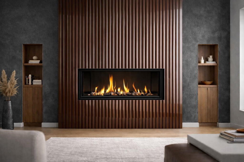 Modern Steel Fireplace Wall – Custom Metal Fireplace Surround, Vertical Slat Feature Wall, Contemporary Steel Fireplace Mantel