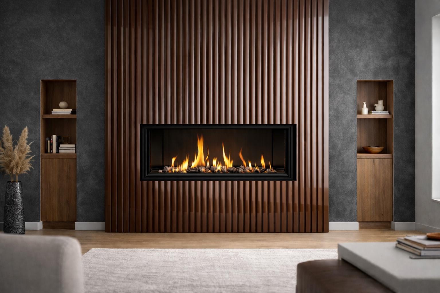 Modern Steel Fireplace Wall – Custom Metal Fireplace Surround, Vertical Slat Feature Wall, Contemporary Steel Fireplace Mantel