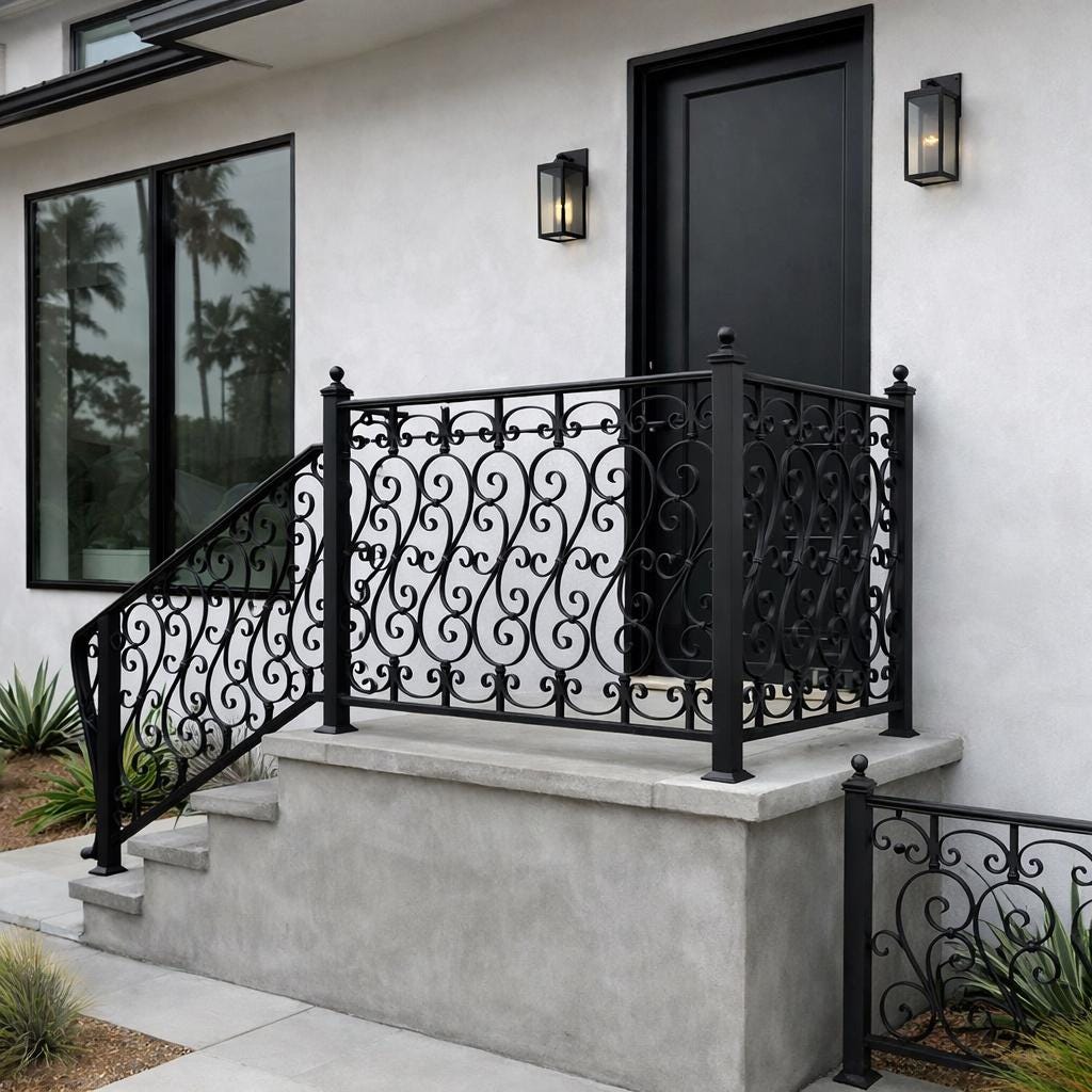 Custom Wrought Iron Porch Railing, Decorative Stair Handrail, Luxury Front Entry Rail, Outdoor Scroll Metal Railing, Landing Guardrail
