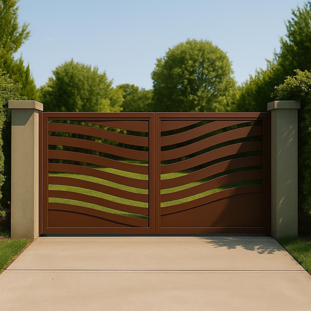 Modern Wave Steel Driveway Gate | Custom Double Swing Entrance
