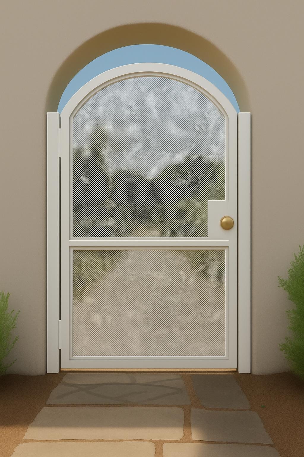 Modern Arched Wrought Iron Gate with Perforated Privacy Mesh – Custom Outdoor Entry Gate