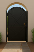 Modern Arched Iron Gate with Sheet Metal X-Panel – Custom Steel Privacy Entry
