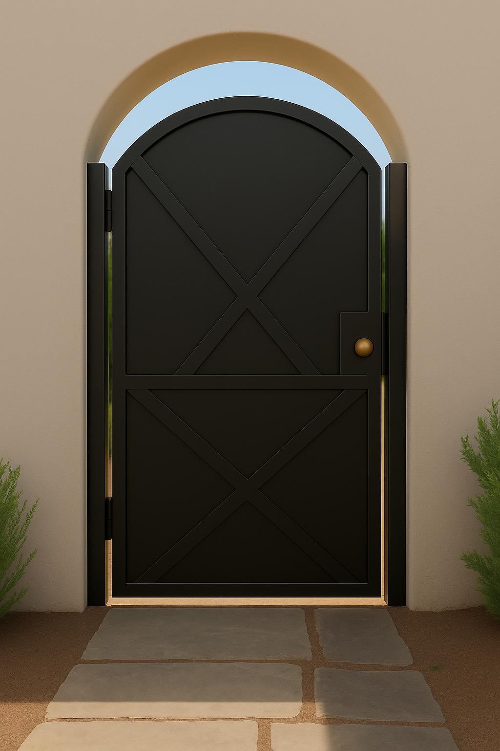 Modern Arched Iron Gate with Sheet Metal X-Panel – Custom Steel Privacy Entry
