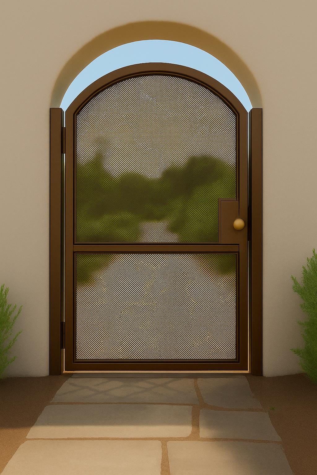 Modern Arched Wrought Iron Gate with Perforated Privacy Mesh – Custom Outdoor Entry Gate