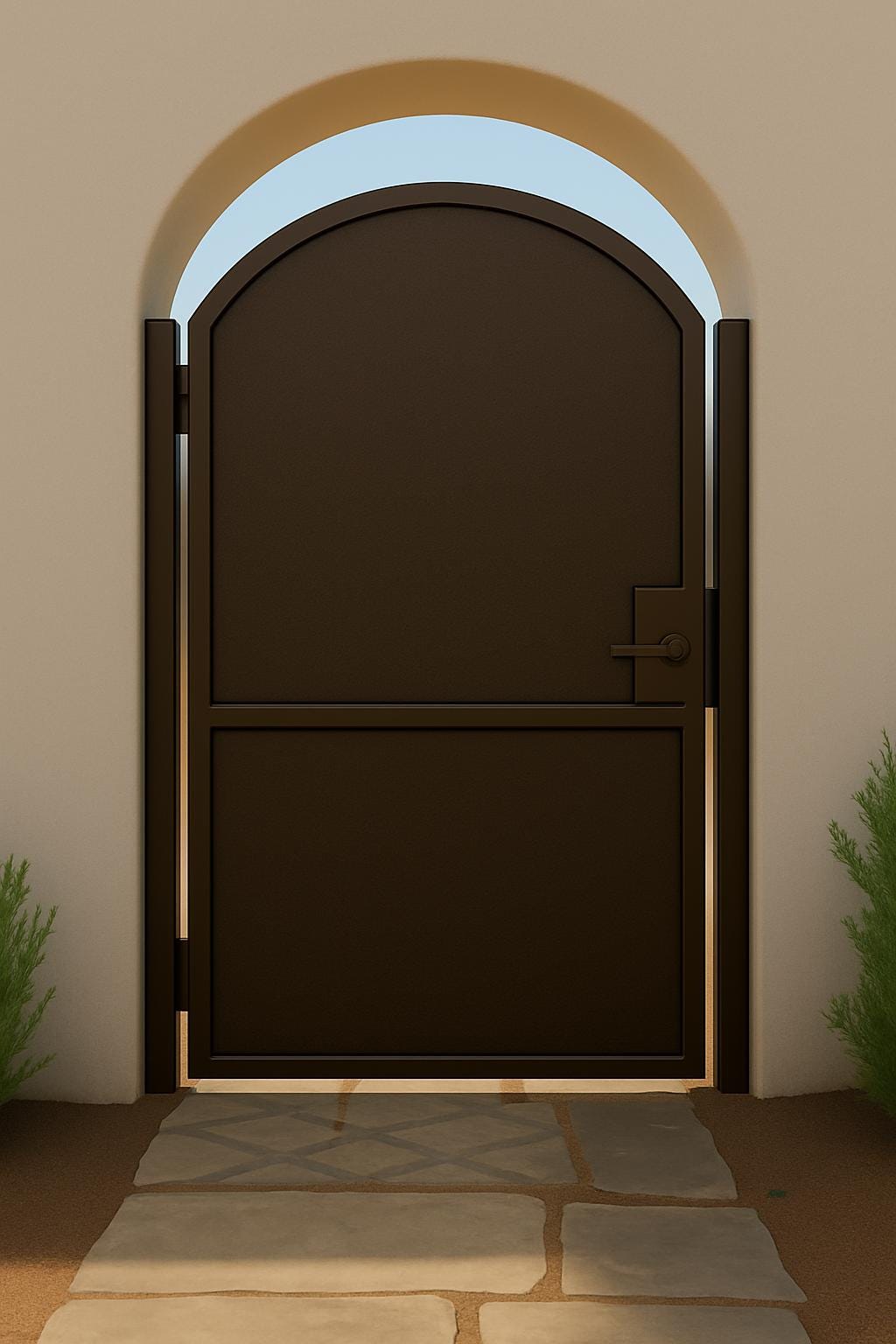 Modern Arched Iron Gate with Sheet Metal X-Panel – Custom Steel Privacy Entry