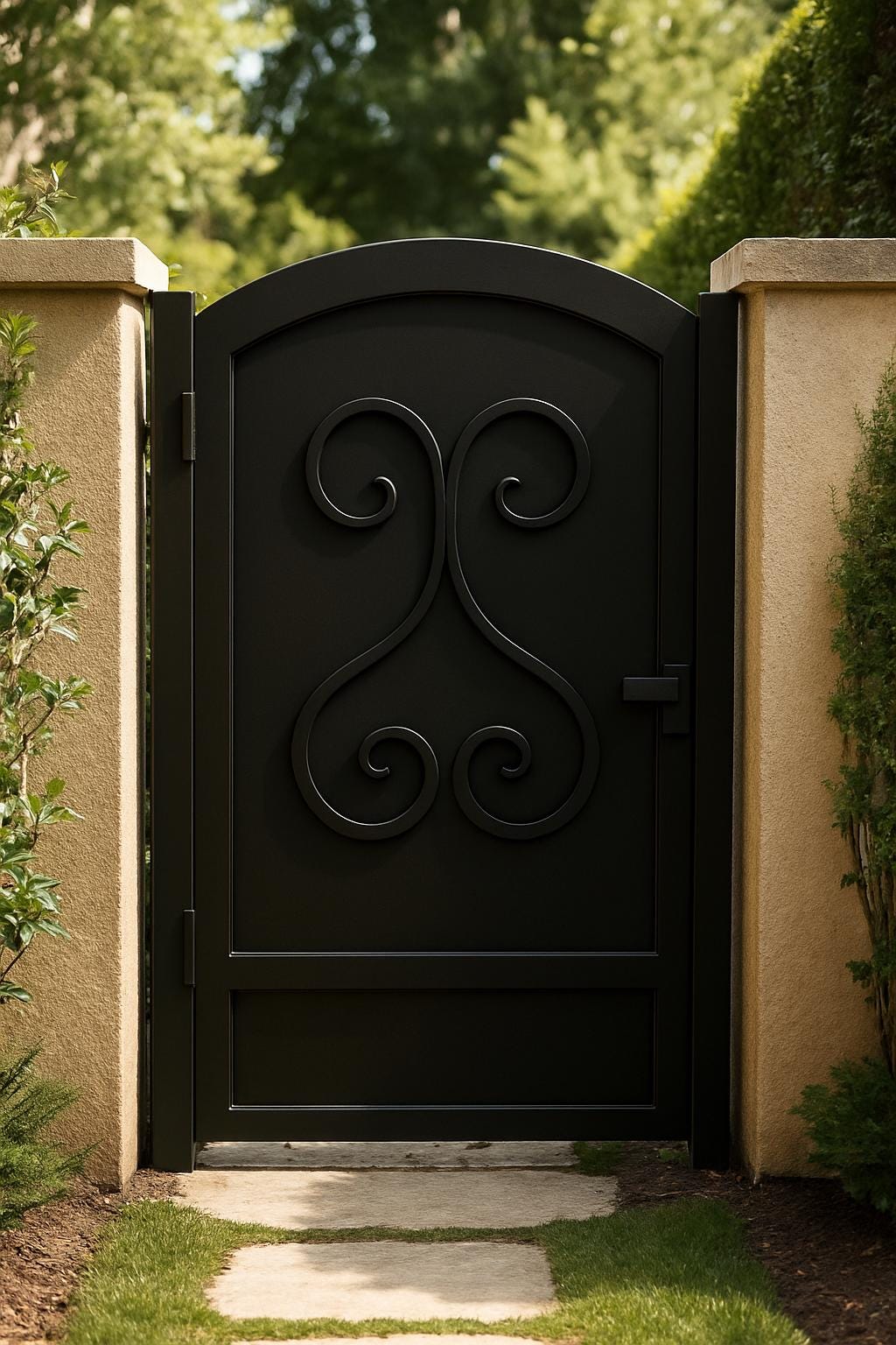 Wrought Iron Garden Gate: Arched Scroll Steel Entry - 36"x48"