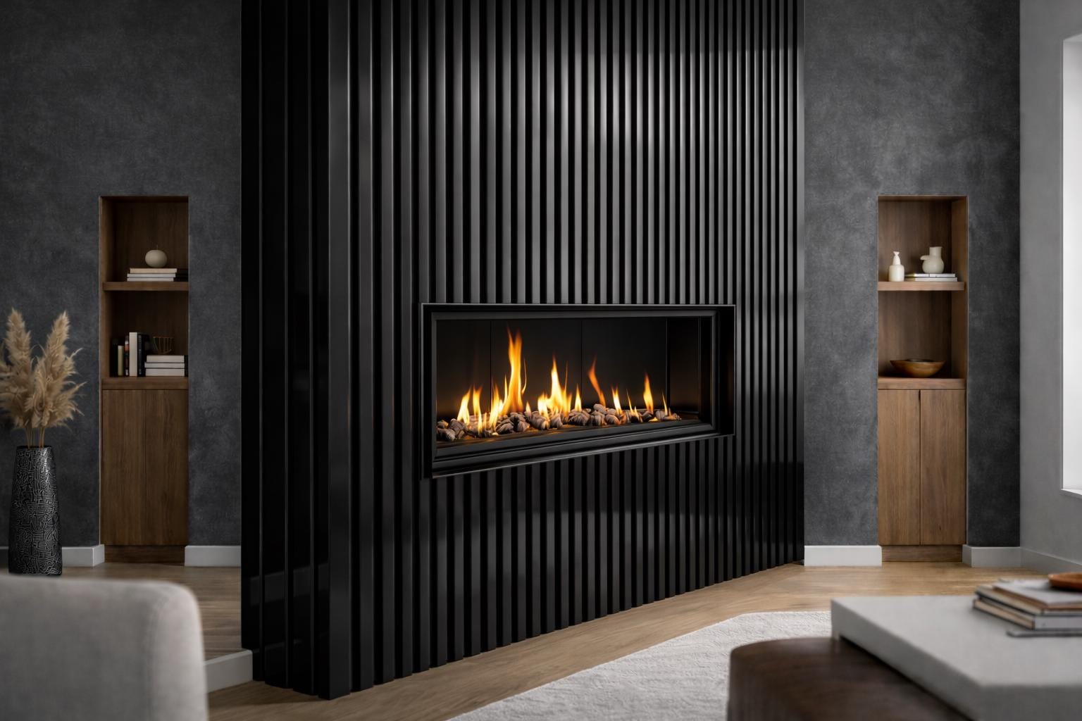 Modern Steel Fireplace Wall – Custom Metal Fireplace Surround, Vertical Slat Feature Wall, Contemporary Steel Fireplace Mantel
