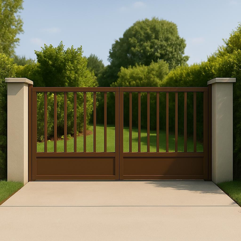 Modern Brown Steel Driveway Gate | Custom Vertical Bar Swing Gate