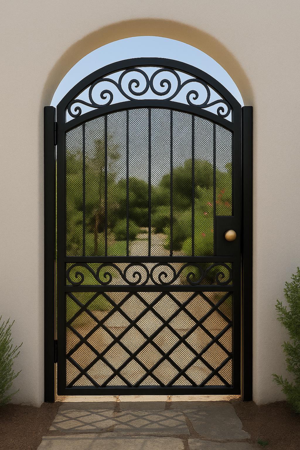 Arched Wrought Iron Garden Gate with X Design | Handmade Steel Privacy Gate